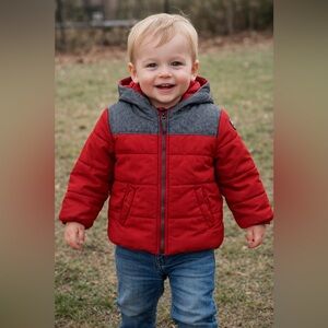 Carter’s Toddler Puffer Jacket 3T | Red Gray Hooded Winter Coat EUC